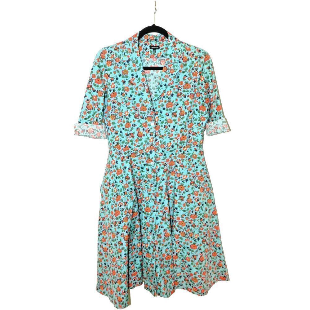 J. PETERMAN Dress Size 6 Turquoise Red Floral Cotton Pockets 1947 Retro